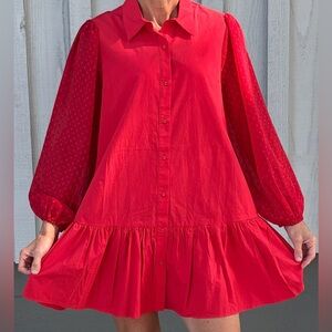 First Love - Red Button-Down Babydoll Dress with Sheer Puff Sleeves